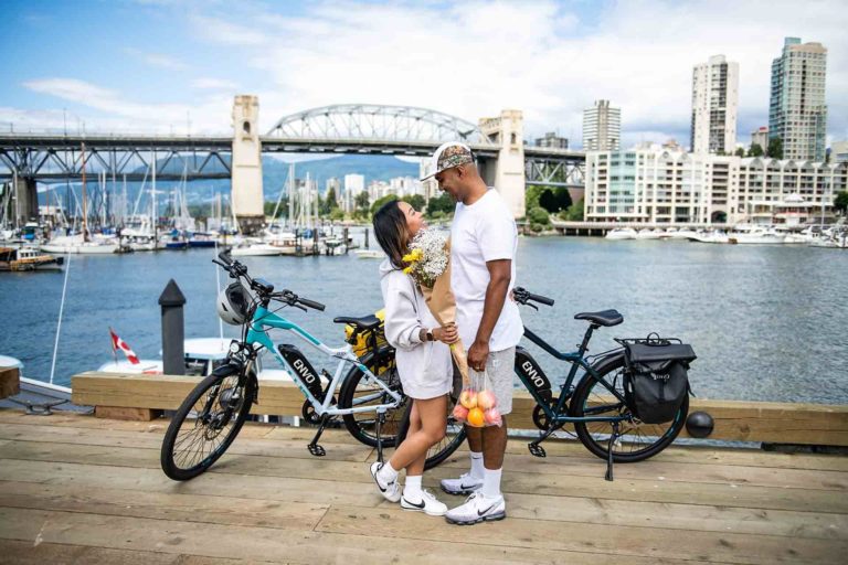 Valentines Day date Couple with food and flowers with Ebike
