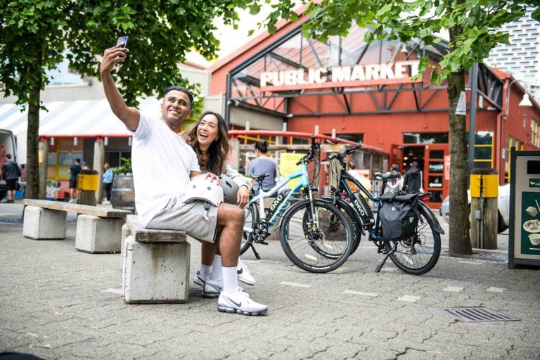 Valentines couple taking picture with ebike